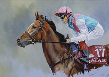 Load image into Gallery viewer, Limited edition art print of Enable and Frankie Detorri after the 2018 Arc de Triomphe. from an original painting by equestrian artist Lisa Miller