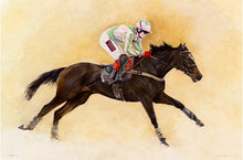 Load image into Gallery viewer, Horse racing art print of champion hurdle winner Katchit from an original painting by equestrian artist Lisa Miller