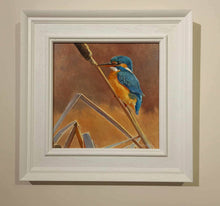 Load image into Gallery viewer, Framed painting of a female kingfisher perched on a reedmace

