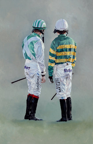 Horse racing art print of national hunt jockeys AP McCoy and Sam Twiston-Davies from an original painting by artist Lisa Miller