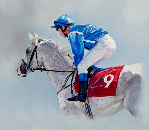 Horse racing print of the arab racehorse Shereik with Mr M Smith up. From an original painting by equestrian artist Lisa Miller
