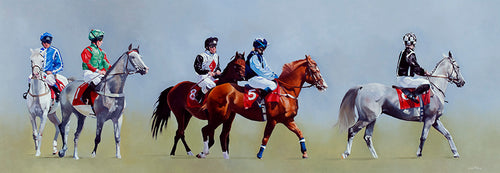 At the start of the race, Ffos Las, arab racehorses. From an original painting by artist Lisa Miller