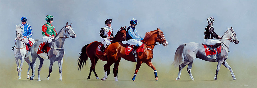 At the start of the race, Ffos Las, arab racehorses. From an original painting by artist Lisa Miller