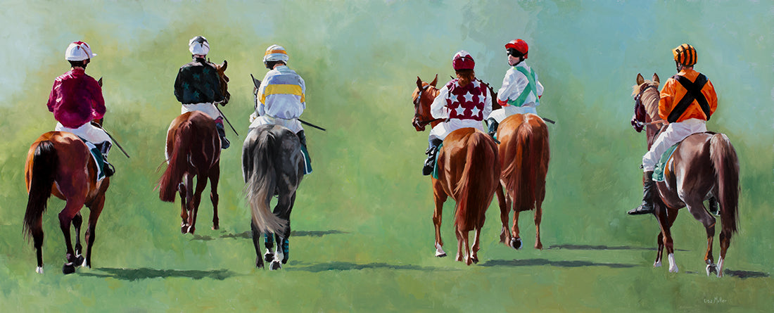 Original oil painting depicting Arab racehorses at the start, Hereford Racecourse. 