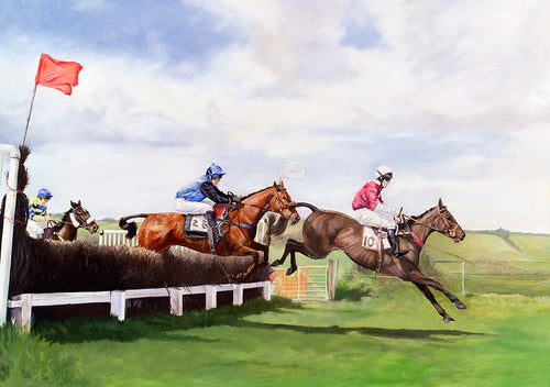 Horse racing art print of a point-to-point at Lydstep, West Wales.  From an original painting by artist Lisa Miller
