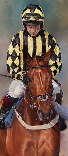 Horse racing art print of jockey Richard Johnson before a race.  From an original painting by equestrian artist Lisa Miller