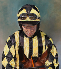 Load image into Gallery viewer, Detail of original oil painting depicting champion NH jockey Richard Johnson at Ffos Las Racecourse, West Wales.
