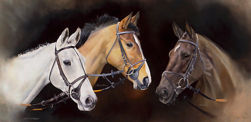 Horse racing art print of Gold cup winners Denman and Kauto Star and Grand National winner Neptune Collonges from an original oil painting by Equestrian artist Lisa Miller