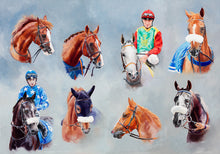 Load image into Gallery viewer, Original painting depicting all the winners on Dubai Day 2015 at Newbury. Featuring Kaokat MHF, Vulkain Du Clos, Gazwan, Rasaasy, Aghsaan, Abhar, Al Mouhannad and Djainka des Forges. Arabian horse racing at Newbury.
