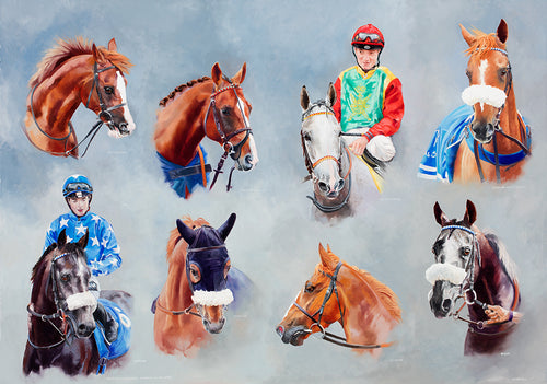 Original painting depicting all the winners on Dubai Day 2015 at Newbury. Featuring Kaokat MHF, Vulkain Du Clos, Gazwan, Rasaasy, Aghsaan, Abhar, Al Mouhannad and Djainka des Forges. Arabian horse racing at Newbury.