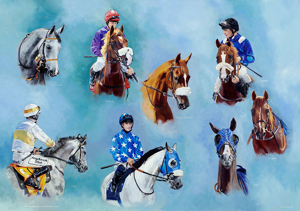 Arabian horse racing print, portraits of all the winners on Dubai Day, Newbury Racecourse, 2014.