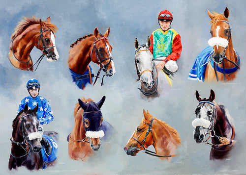 Arabian horse racing print, portraits of all the winners at Newbury on Dubai Day 2015. From an original painting by equestrian artist Lisa Miller