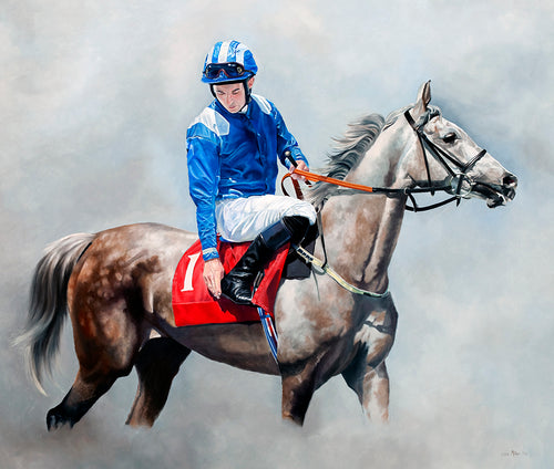 Horse racing art print of the arab racehorse Inshaad with Mr P Collington up. From an original painting by equestrian artist Lisa Miller