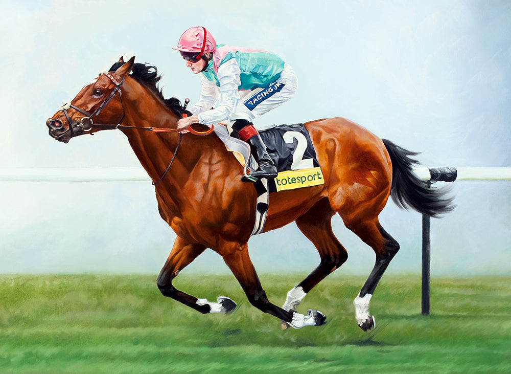 Limited edition horse racing art print of Frankel and Tom Queally in full flight.  from an original painting by equestrian artist Lisa Miller.