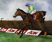 Load image into Gallery viewer, Horse racing art print of Kauto Star and Ruby Walsh at Newbury from an original painting by equestrian artist Lisa Miller
