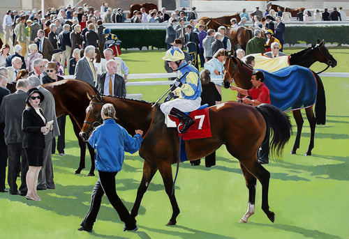 Horse racing art print of the winner and placed horses in the paddock, Newbury Racecourse.  from an original oil painting by artist Lisa Miller