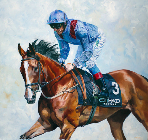 Horse racing art print of racehorse Purr Along and jockey Frankie Dettori from an original painting by artist Lisa Miller