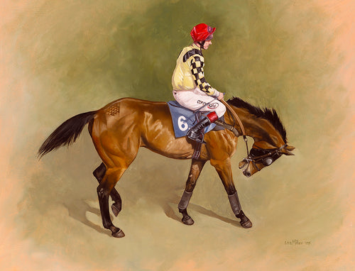 Horse racing art print of a racehorse and jockey at Chepstow from an original painting by equestrian artist Lisa Miller