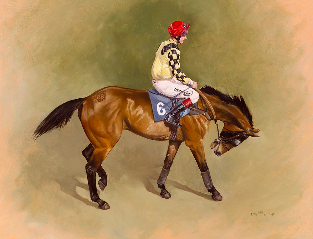 Horse racing art print of a racehorse and jockey at Chepstow from an original painting by equestrian artist Lisa Miller