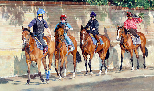 Horse racing art print of four racehorse and work riders going out onto the gallops, Newmarket.  From an original painting by artist Lisa Miller
