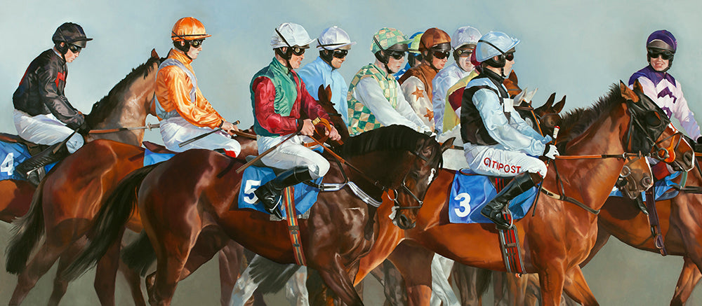 Horse racing art print of horses and jockeys before the off at Ffos Las from an original painting by artist Lisa Miller