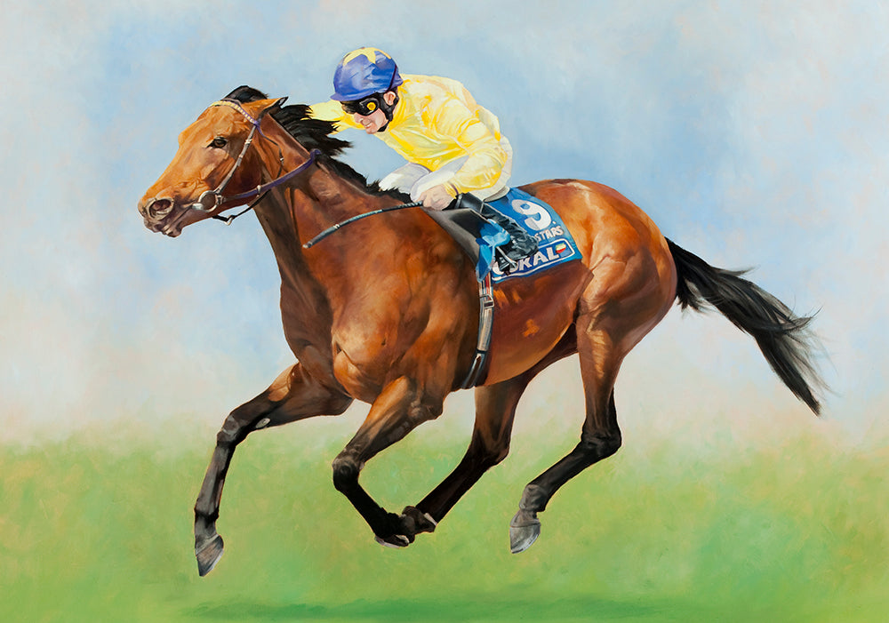 Horse racing art print of champion racehorse Sea the Stars from an original painting by artist Lisa Miller