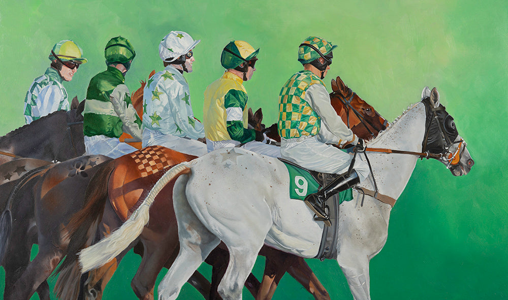 Horse racing art print - five horses with jockeys from an original painting by artist Lisa Miller