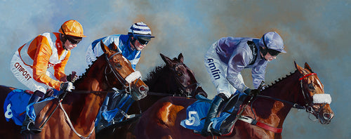 Horse racing art print of three horses mid race at Ffos Las from an original painting by artist Lisa Miller
