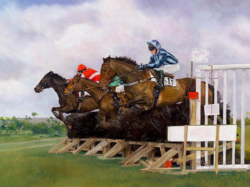 Horse racing art print of Welsh pointers taking a fence from an original painting by artist Lisa Miller