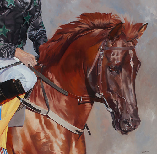 Horse racing art print of arabian stallion Zayn Zachilles from an original painting by artist Lisa Miller