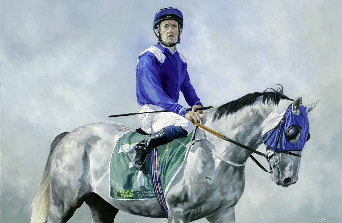 Arabian racing art print of racehorse Aqwaal with Mr P. Collington. From an original oil painting by equestrian artist Lisa Miller