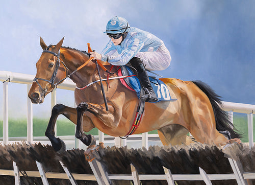 Horse racing art print of Champion Honeysuckle and jockey Rachael Blackmore taking a fence. From an original painting by equestrian artist Lisa Miller