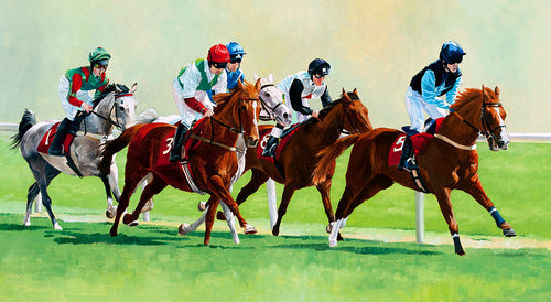 Horse racing art print of arab racehorses at FFos Las, Wales from an original painting by artist Lisa Miller
