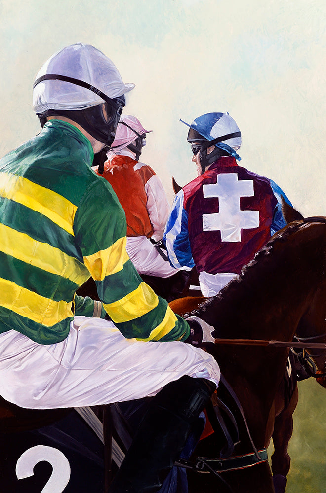 Horse racing art print of three jockeys at the start, Ballinrobe races from an original oil painting by equestrian artist Lisa Miller